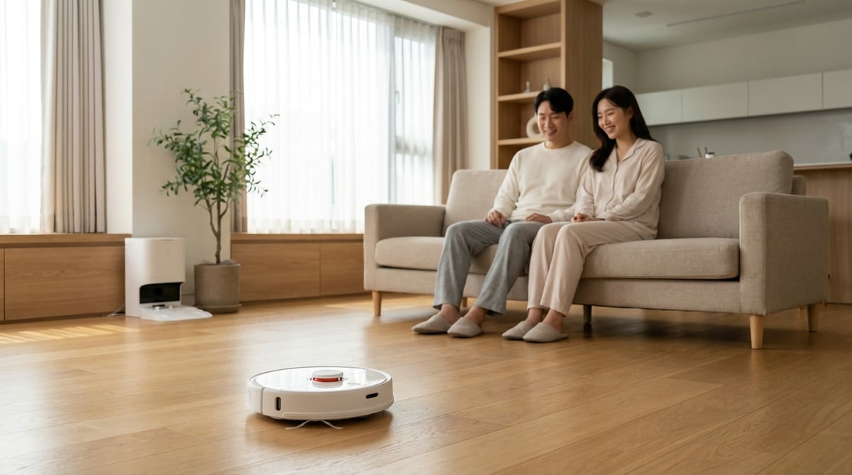 한국 아파트 거실에서 로봇청소기 두 대가 나란히 놓인 모습 비교 장면
