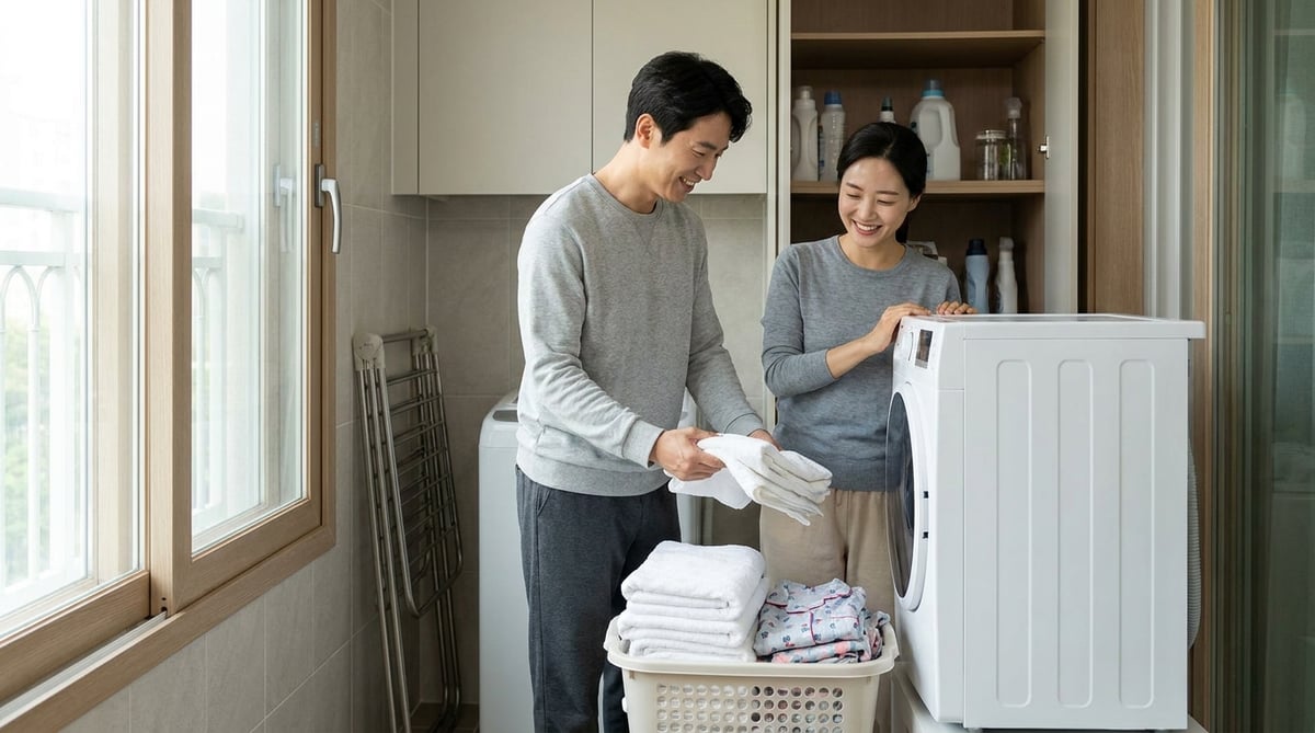 다용도실 미니 건조기 옆에서 수건과 잠옷을 정리하는 30대 한국인 부부