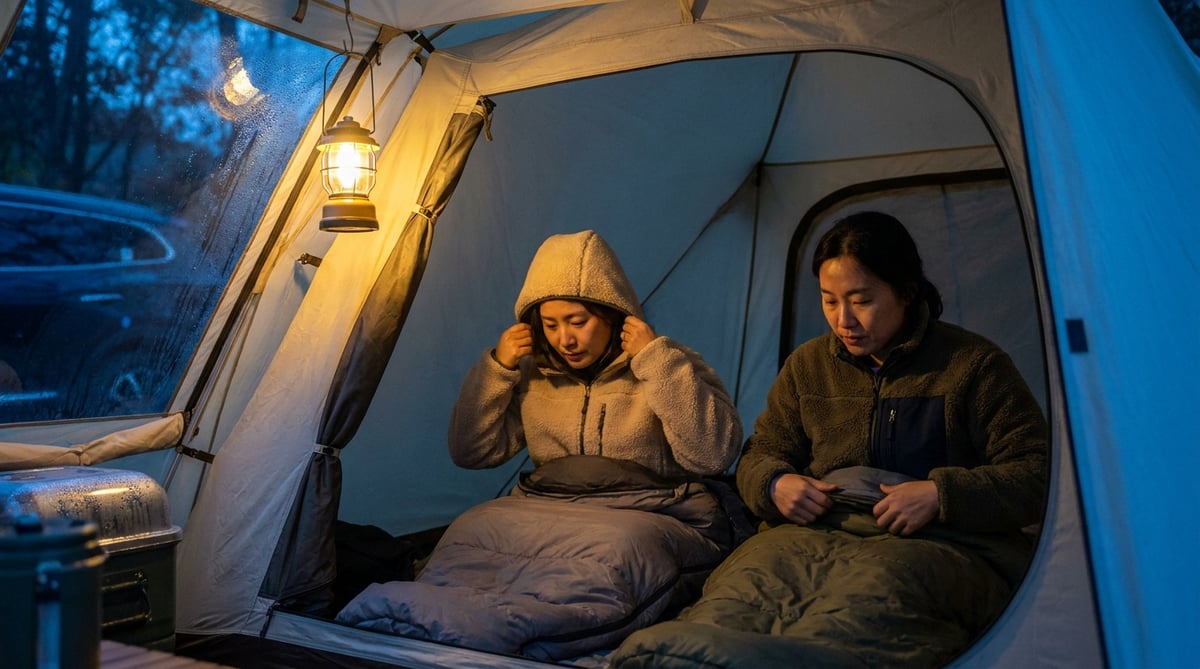 가을 밤 텐트 안에서 침낭을 준비하는 한국인 부부
