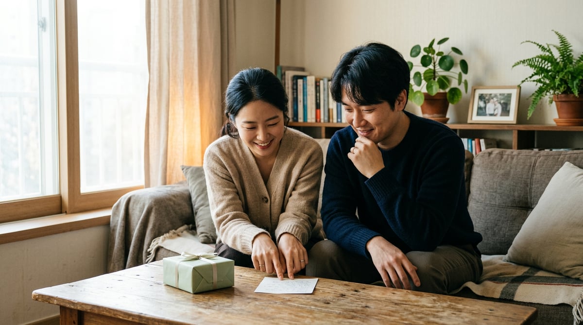 거실 테이블에 선물 상자와 메모를 두고 함께 확인하며 웃는 30대 커플