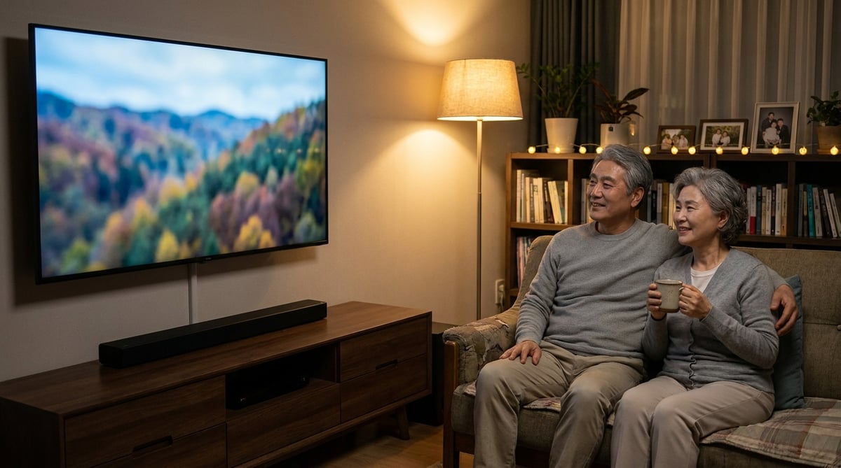 거실 소파에서 60대 노부부가 사운드바가 설치된 TV를 편안한 볼륨으로 시청하는 장면