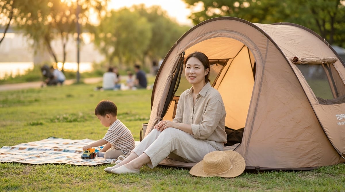 주말 공원에서 원터치텐트를 펴 놓고 쉬는 가족