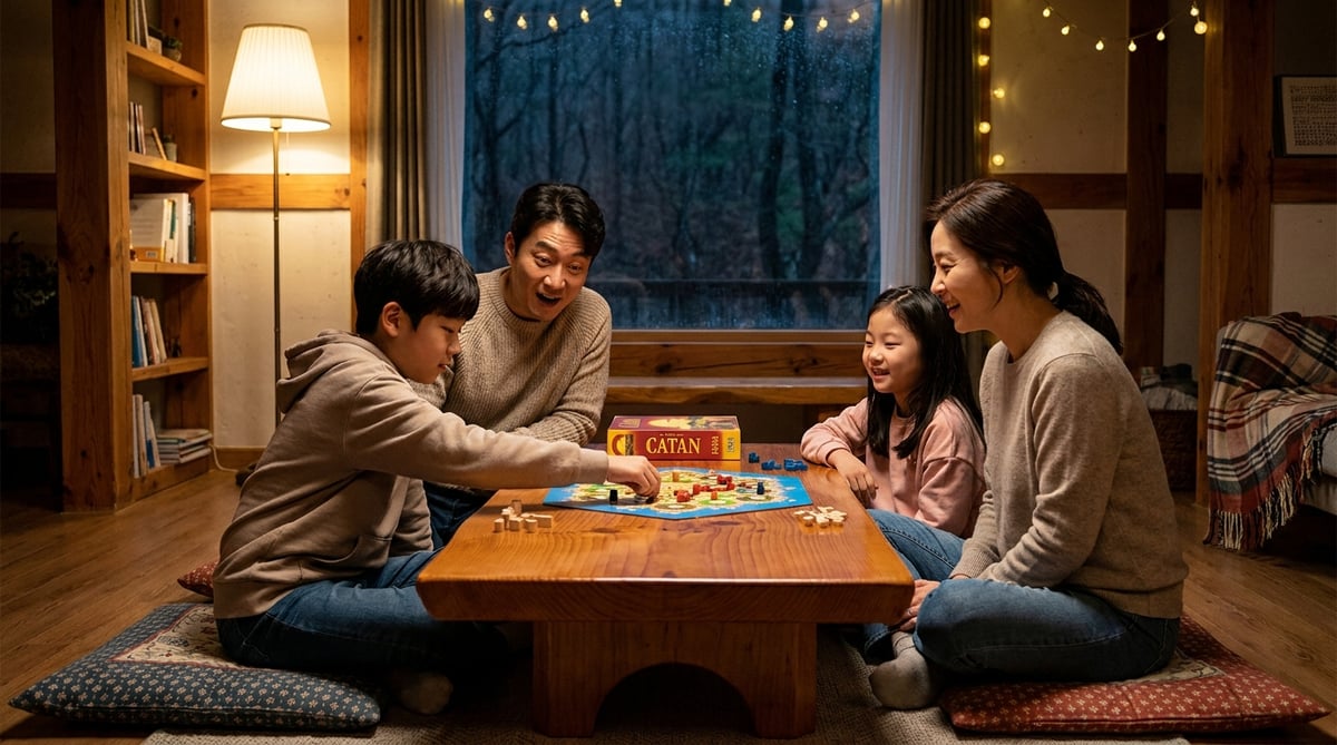 두 사람이 식탁에서 전략 보드게임에 집중하는 모습