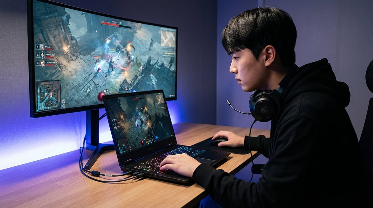 어두운 방에서 HP OMEN MAX 16 게이밍 노트북으로 게임하는 한국인 게이머