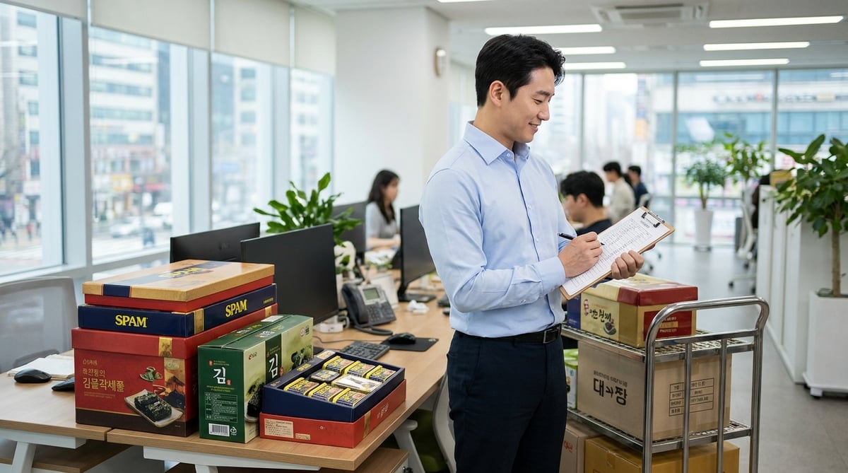 사무실에서 추석 선물세트 발주 체크리스트를 확인하는 30대 한국인 총무 담당자