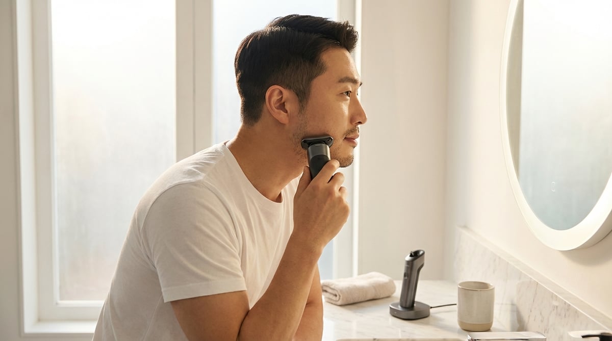 30대 한국 남성이 모던한 욕실에서 전기면도기로 면도하는 라이프스타일 사진