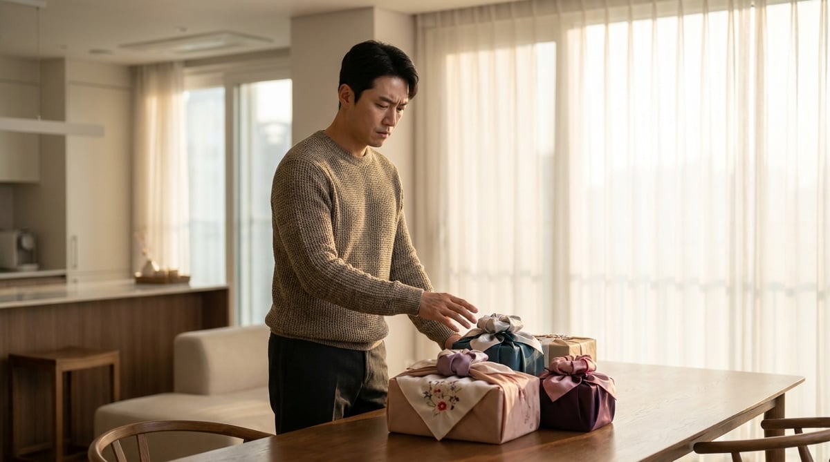 예비 장모님께 드릴 추석 선물을 고르는 한국 남성