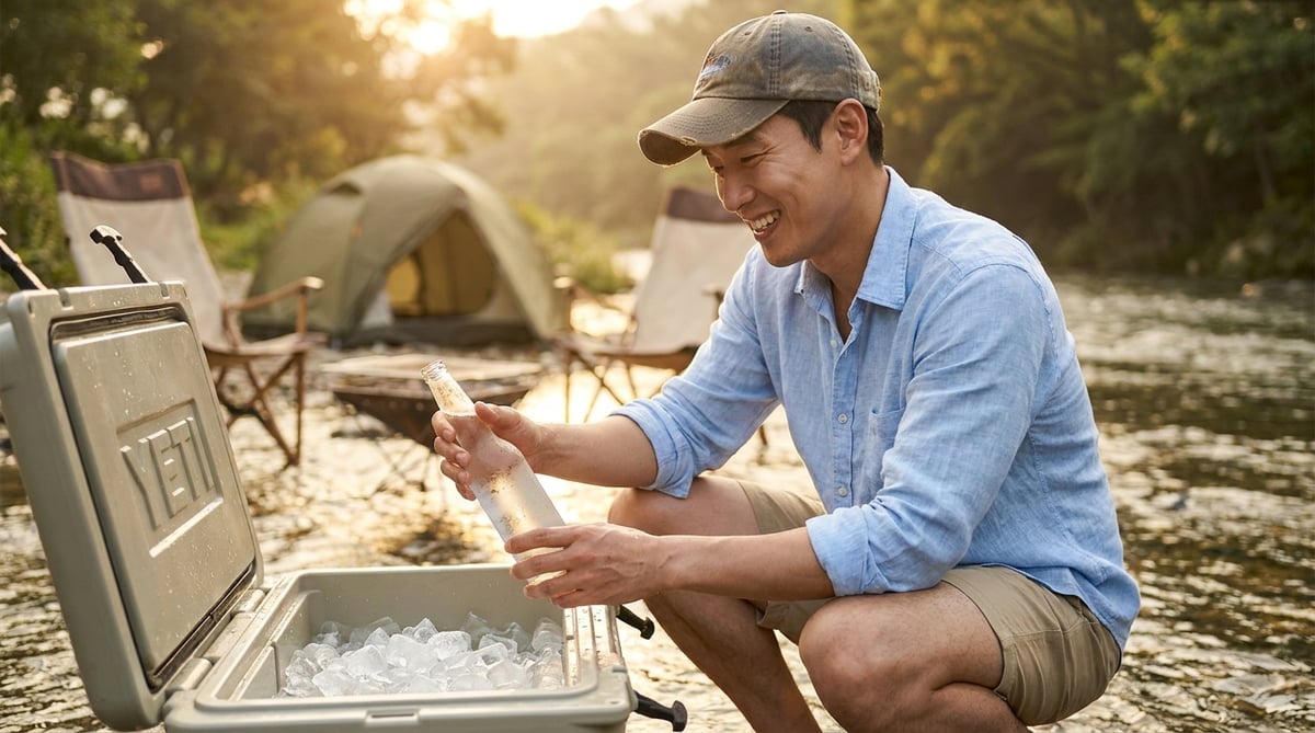 캠핑장에서 아이스박스를 열어 차가운 음료를 꺼내는 남성
