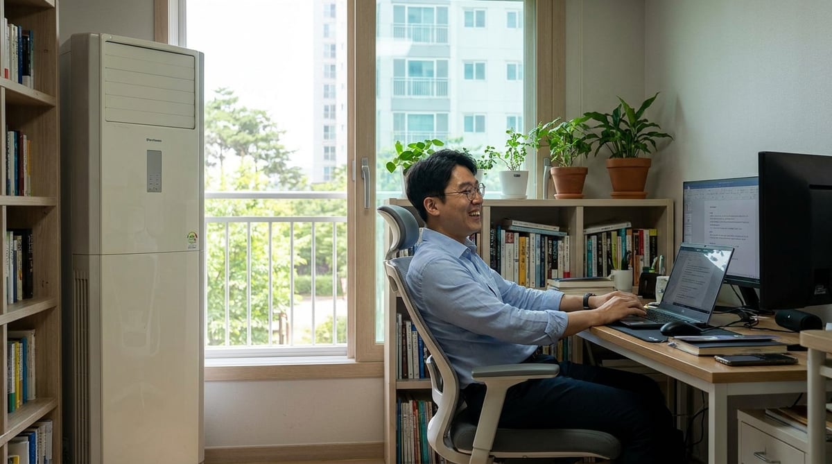 여름철 한국 아파트 작은 서재에서 창문형 에어컨을 켜고 노트북으로 일하는 40대 남성