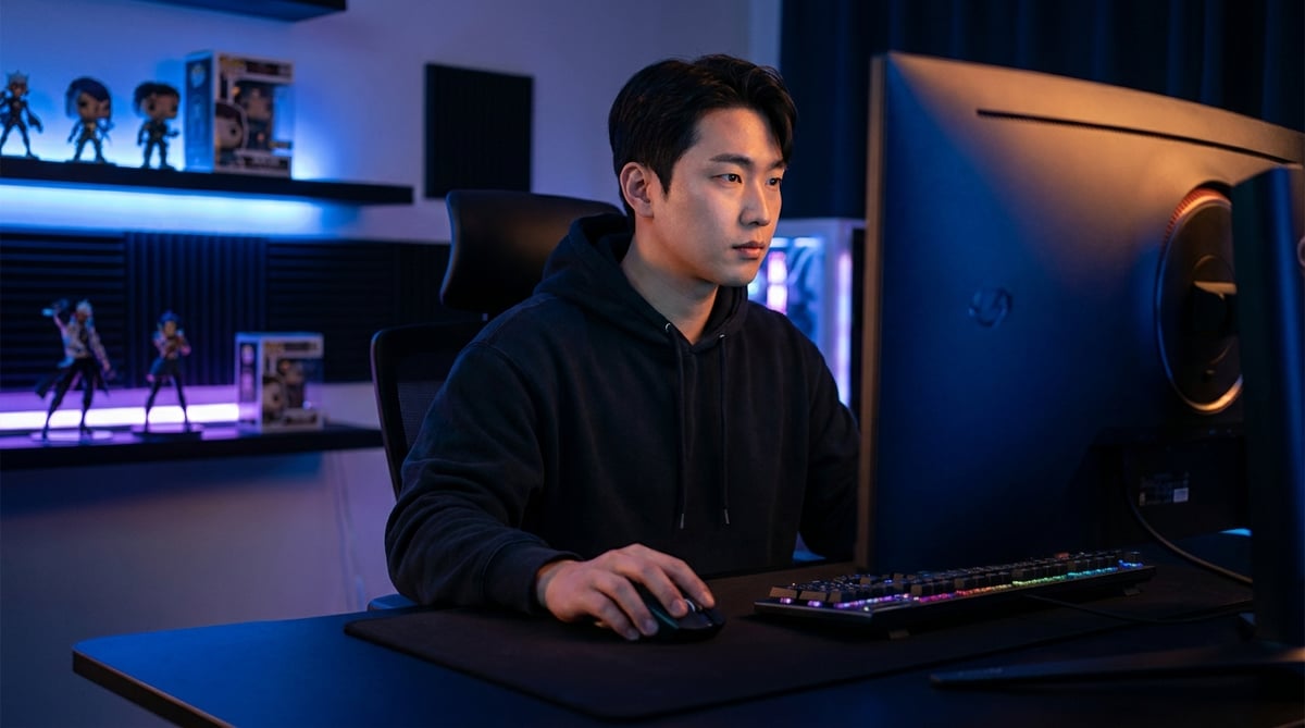 밤 게이밍 데스크에서 무선 마우스로 FPS 게임에 집중하는 20대 한국인 게이머