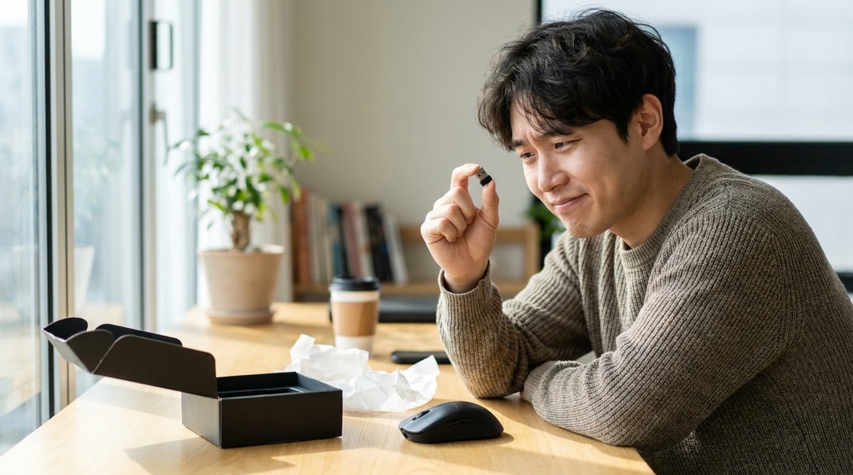 게이밍 마우스 박스를 개봉하고 1K 무선 동글을 신기하게 살펴보는 20대 한국인 남성