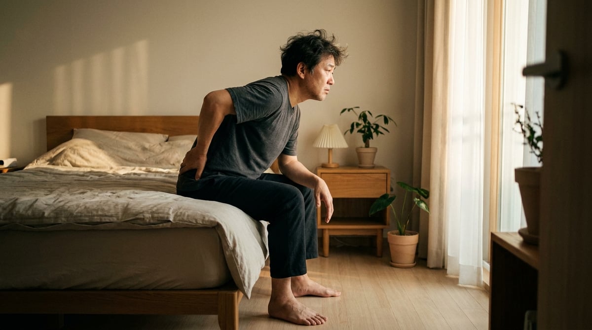 아침에 침대 가장자리에 앉아 손으로 허리를 짚고 있는 40대 한국인 남성