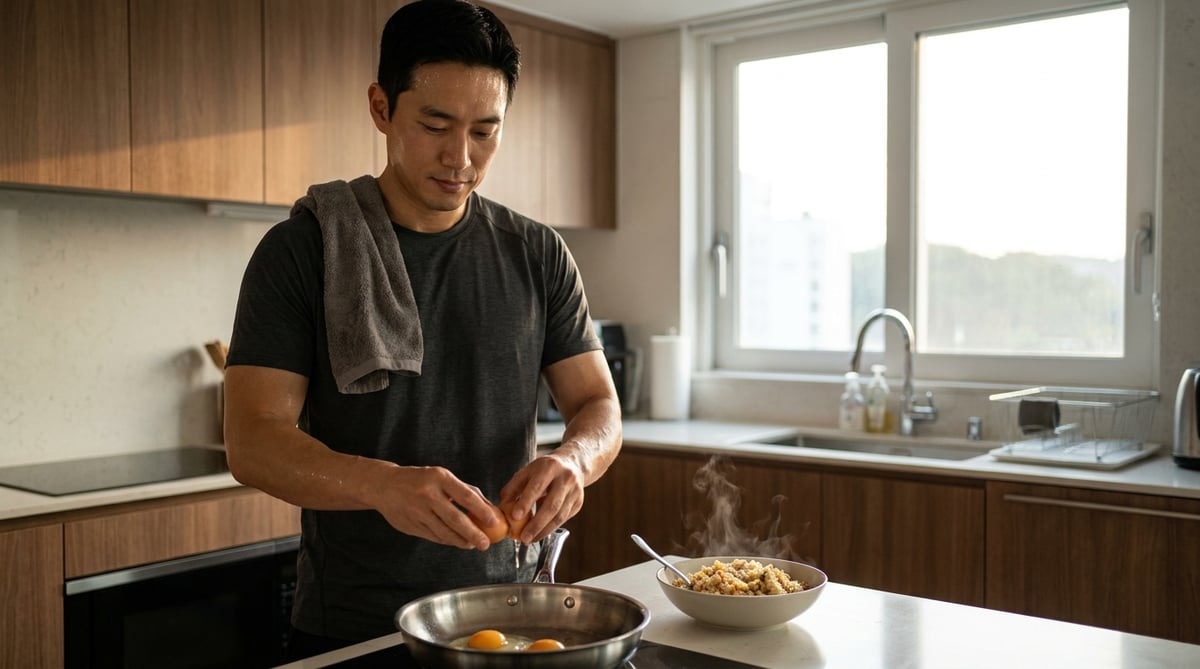 운동을 마친 30대 후반 한국 남성이 주방에서 데운 볶음밥 옆 팬에 계란 두 개를 깨 넣는 모습