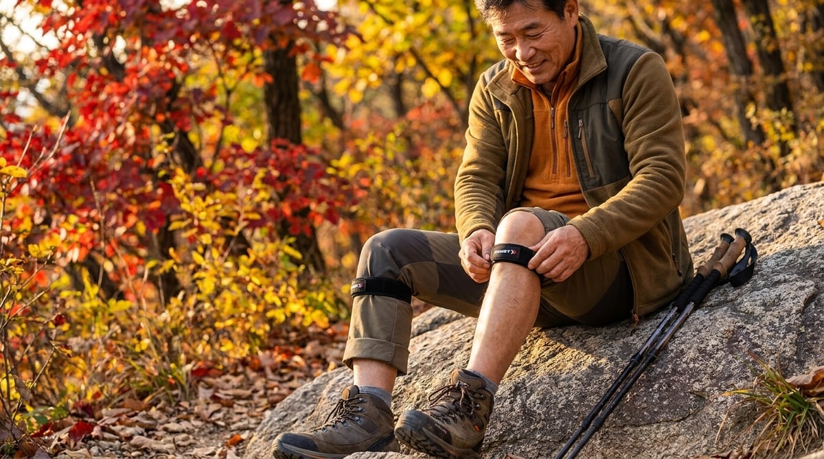 가을 단풍 등산로 바위에 앉아 하산 전에 슬개골 밴드형 무릎보호대를 착용하는 50대 한국인 남성 등산객