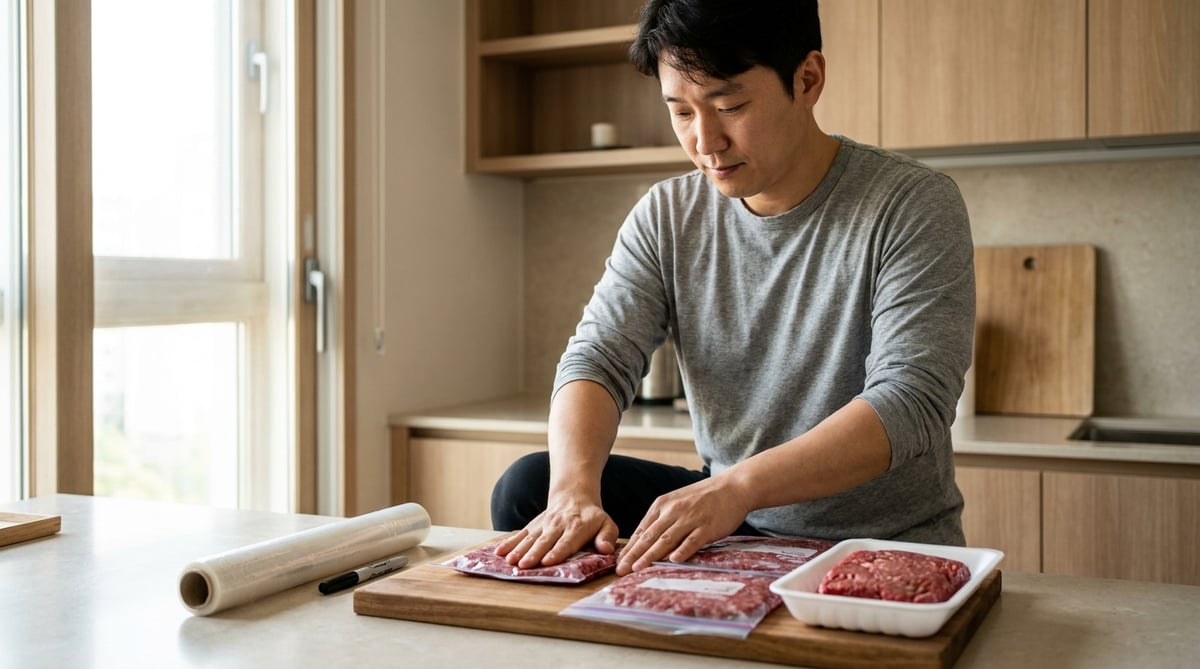 주방에서 한우 다짐육을 소분해 납작하게 얼리는 모습