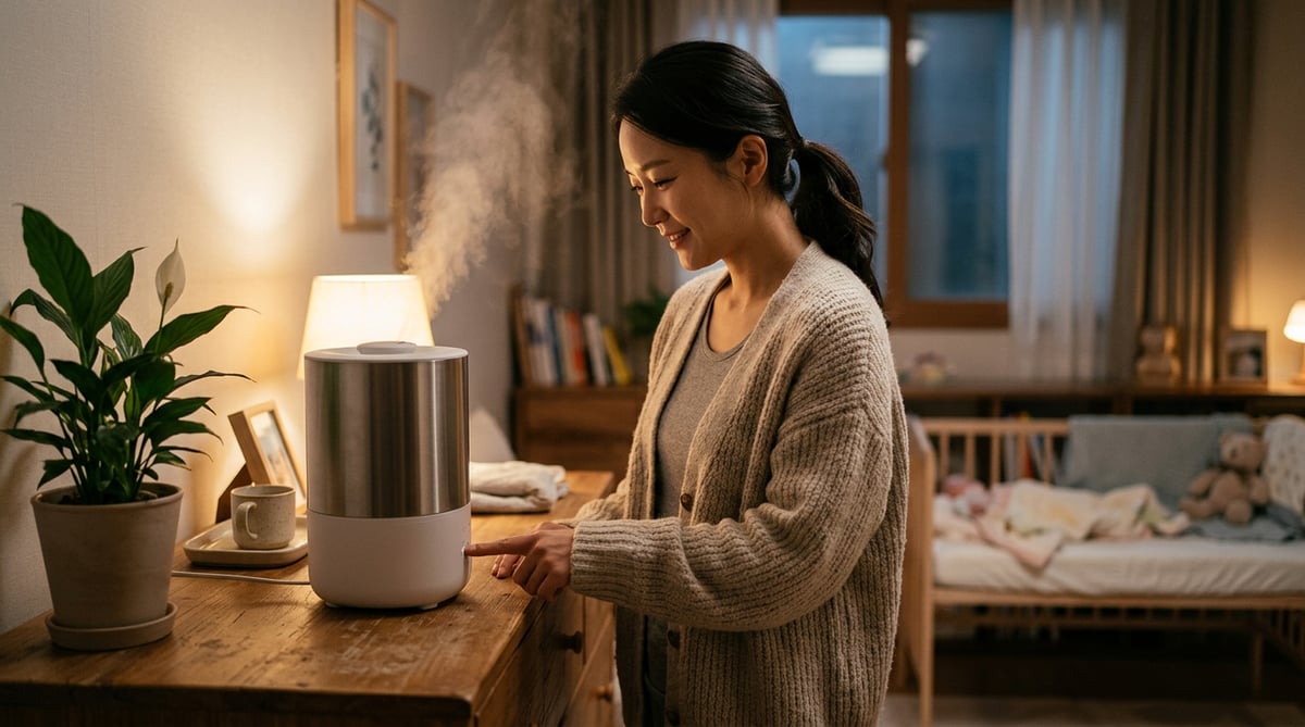 저녁 아기 방에서 30대 엄마가 아기 침대와 떨어진 서랍장 위 가열식 가습기를 켜는 모습