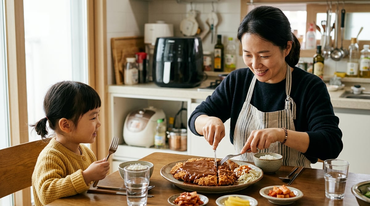 밝은 주방 식탁에서 엄마가 아이 앞에서 소스를 얹은 커다란 돈까스를 한 입 크기로 썰어 주는 모습, 뒤 조리대에 에어프라이어