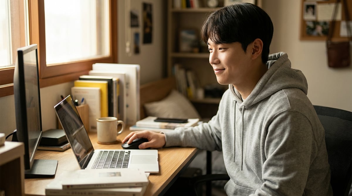 자취방 책상에서 노트북과 모니터를 함께 쓰며 무선 마우스를 잡고 있는 20대 초반 한국인 대학생