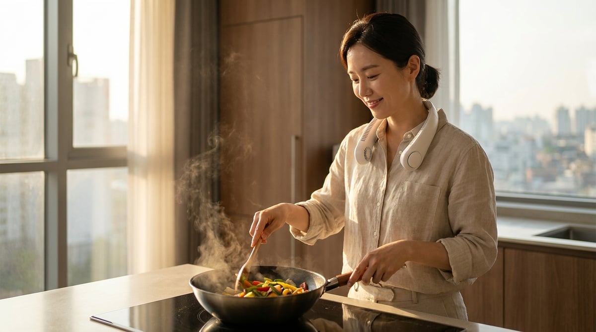 여름철 주방에서 요리하며 흰색 넥풍기를 착용한 30대 한국인 여성, 핸즈프리 냉방 사용 예시