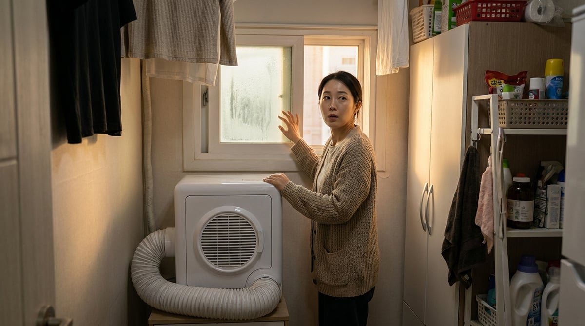 배기 호스를 방 안에 둔 미니 건조기 때문에 창문에 습기가 맺힌 원룸을 살펴보는 한국인 여성