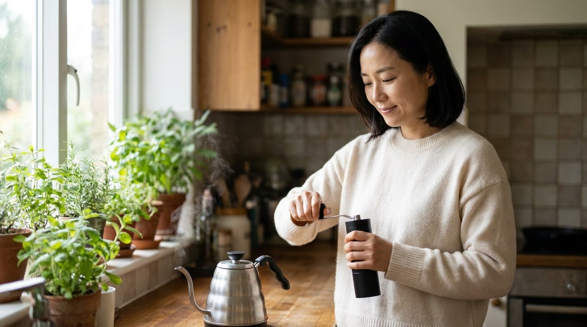 아침 주방에서 수동 커피 그라인더 손잡이를 돌리는 30대 후반 한국 여성, 옆에는 김이 오르는 드립 주전자