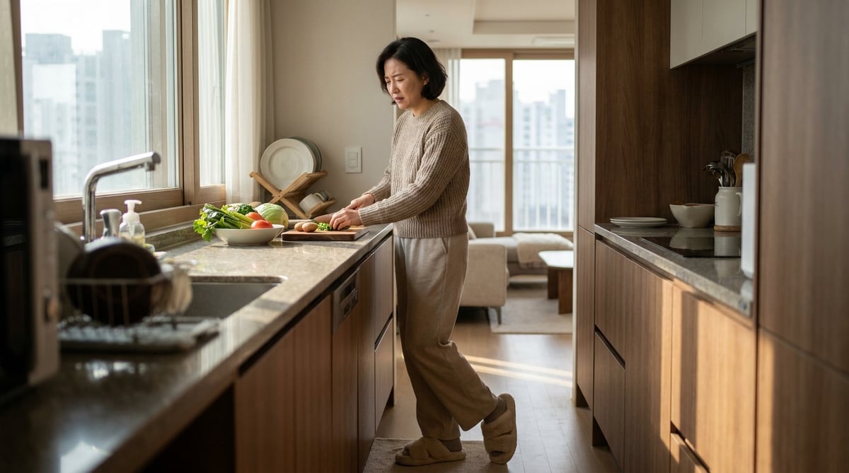 주방에서 오래 서서 일하다 한쪽 발에 무게를 옮겨 딛는 40대 한국인 여성 — 실내에서 종일 서 있는 발의 부담을 보여주는 장면