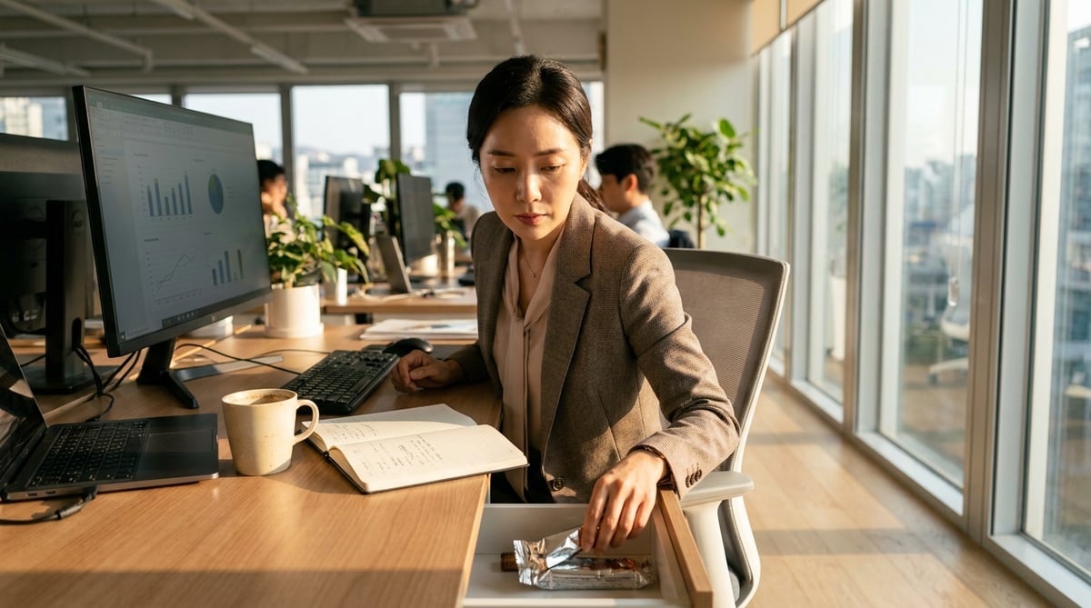 30대 후반 한국 여성이 늦은 오후 사무실 책상 서랍에서 작은 단백질바를 꺼내 뜯는 모습