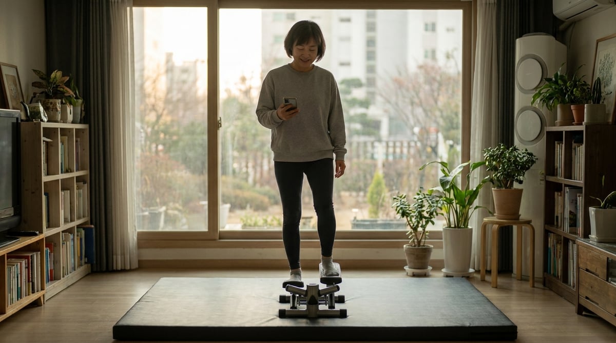 40대 후반 한국 여성이 이른 아침 거실 창가에서 두꺼운 매트 위에 놓인 미니 스텝퍼를 밟으며 휴대폰을 보는 모습