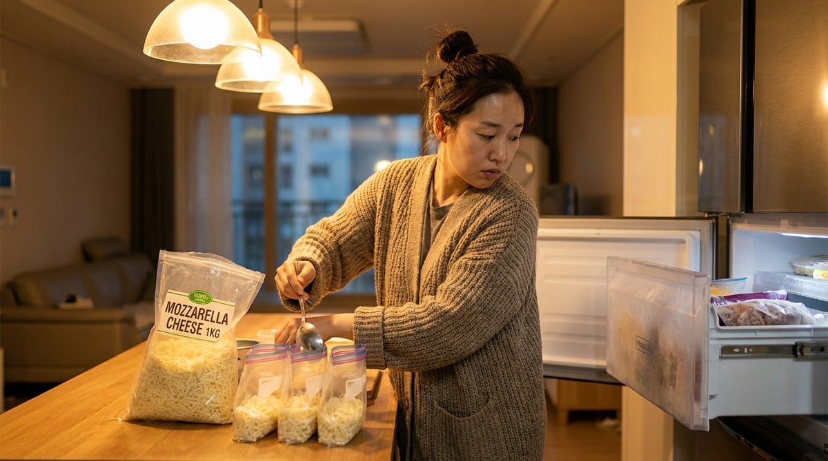 1kg 슈레드 모짜렐라 치즈를 지퍼백에 소분해 냉동실에 넣는 모습