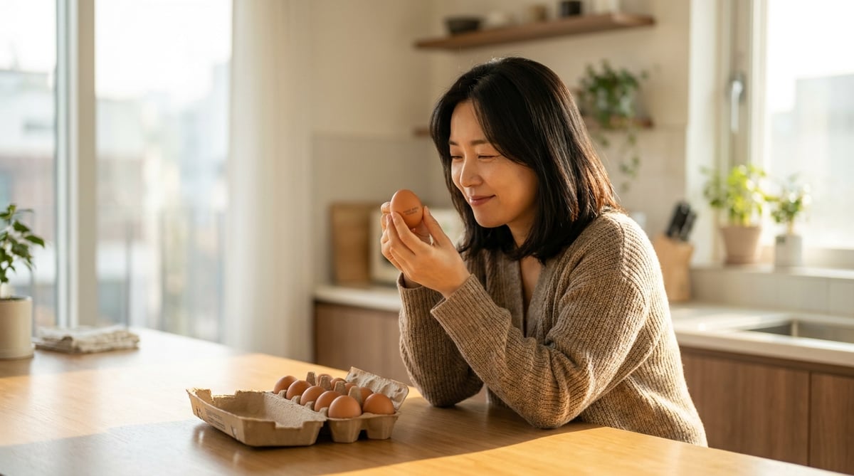 주방에서 계란 껍데기의 난각번호를 확인하는 30대 여성