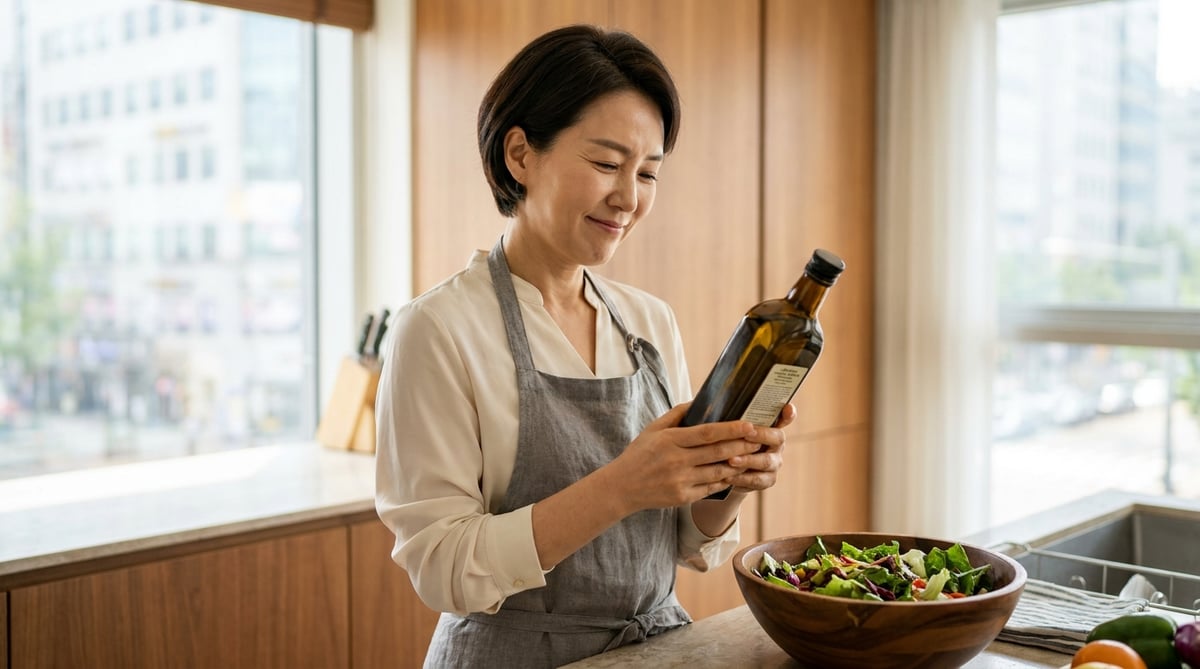 주방에서 올리브오일 병 뒷면 라벨을 읽는 40대 여성