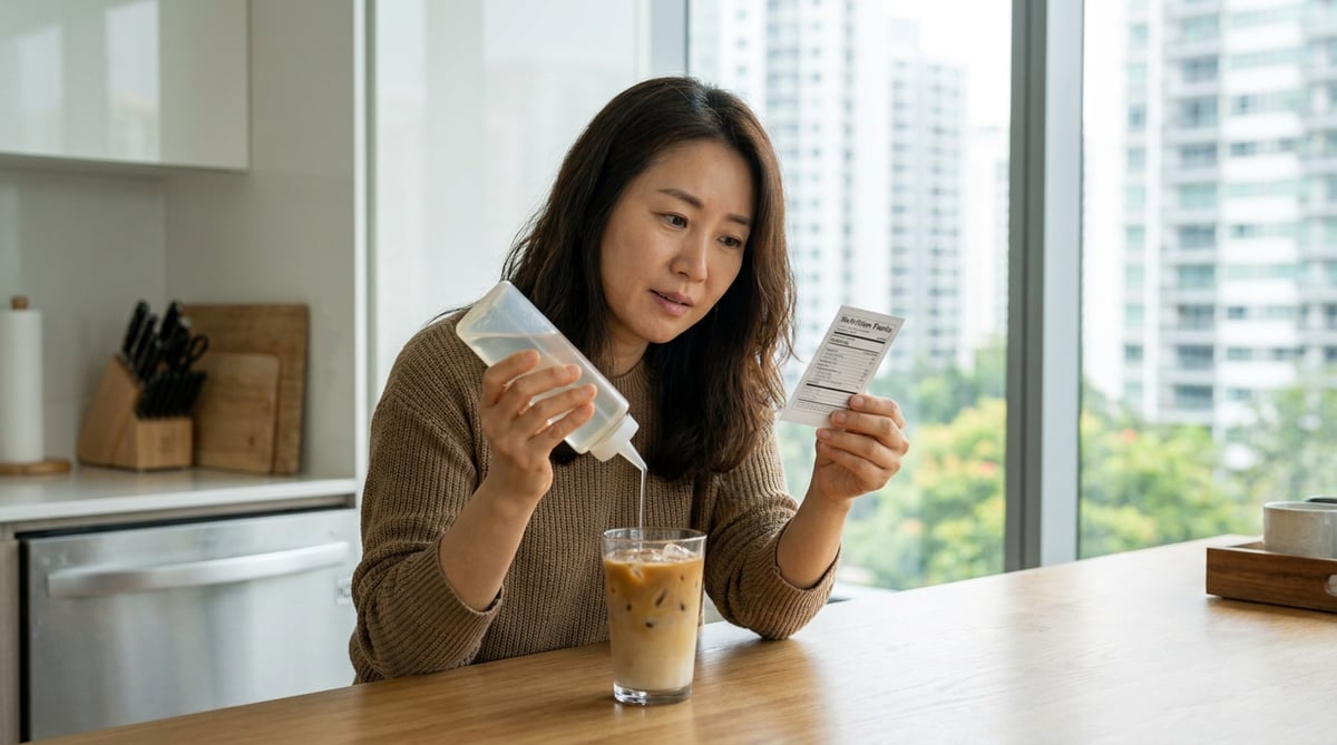 아이스라떼에 알룰로스 시럽을 넣으며 영양표시를 보는 40대 여성