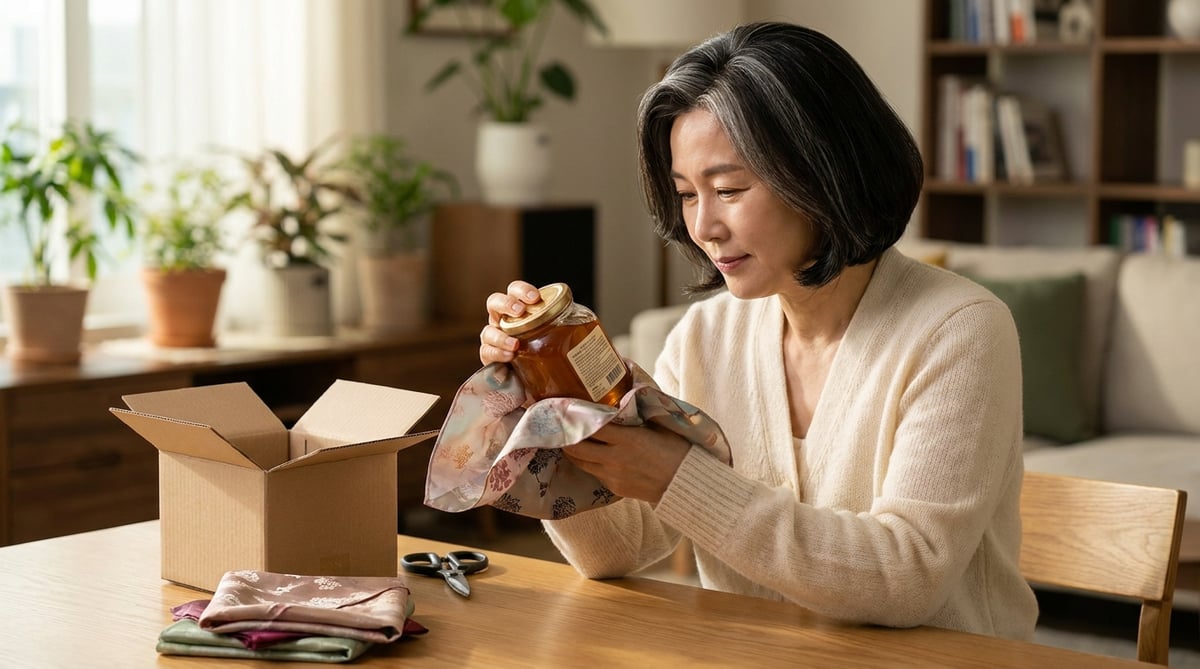 명절 선물용 꿀병을 보자기로 싸며 라벨을 확인하는 50대 여성