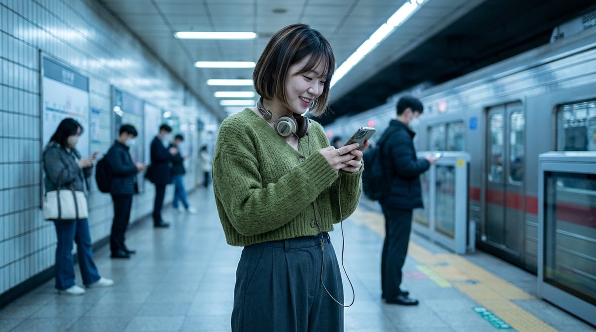 Photorealistic editorial photograph of a trendy Korean woman in her early 20s standing on a Seoul su