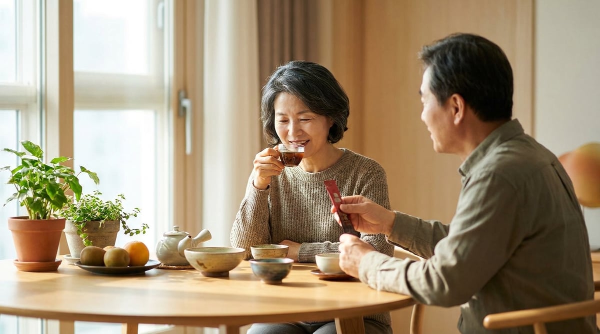 아침 식탁에서 보양식 진액과 홍삼 스틱을 함께 드시는 60대 한국인 부모님 부부
