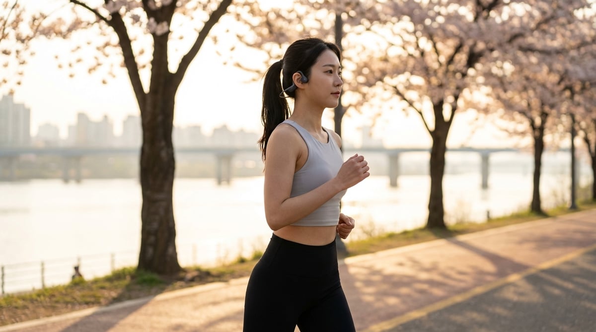 골전도 이어폰을 착용하고 서울 한강 러닝하는 한국인 여성