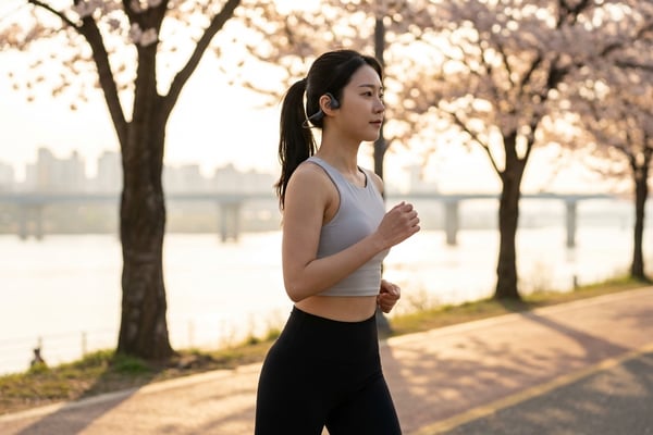 골전도 이어폰을 착용하고 서울 한강 러닝하는 한국인 여성