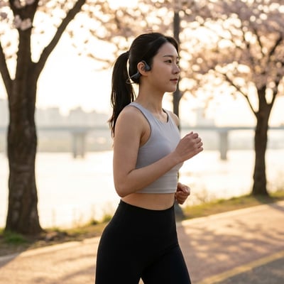 골전도 이어폰을 착용하고 서울 한강 러닝하는 한국인 여성