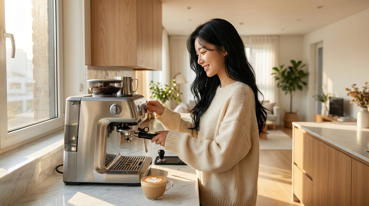 한국인 여성이 밝은 주방에서 반자동 커피머신으로 에스프레소를 추출하는 모습