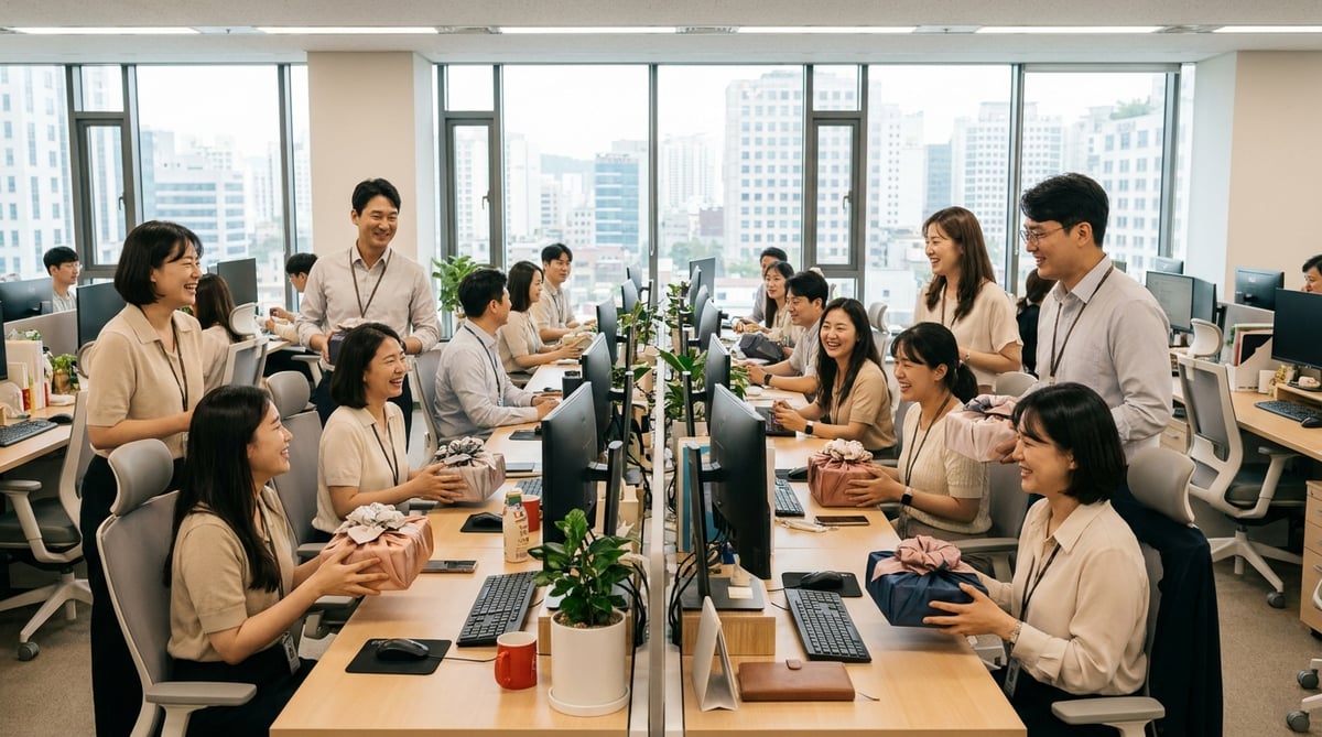 밝은 사무실에서 추석 선물세트를 받고 웃고 있는 20~50대 직원들