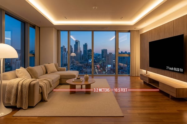 한국 아파트 거실에 설치된 77인치 OLED TV와 적정 시청거리 3.2m를 빨간 선으로 표시한 장면, 소파에서 TV까지의 공간감이 잘 드러나는 구도