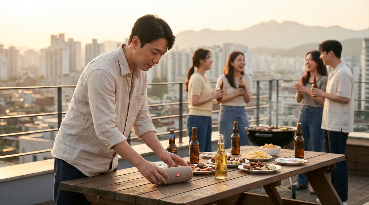 서울 루프탑에서 바베큐 파티를 하며 블루투스 스피커를 나무 테이블에 올려놓은 한국인 남성, 골든아워 석양 빛