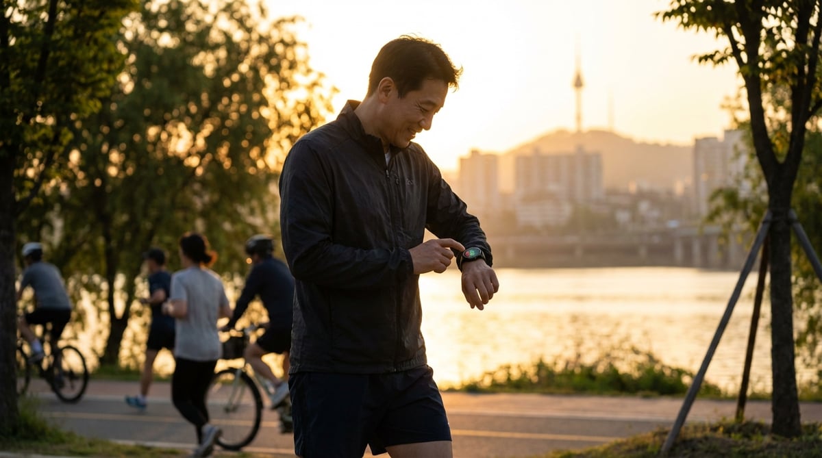40대 한국인 남성이 한강변에서 조깅하며 스마트워치의 심박수를 확인하는 골든아워 라이프스타일 사진