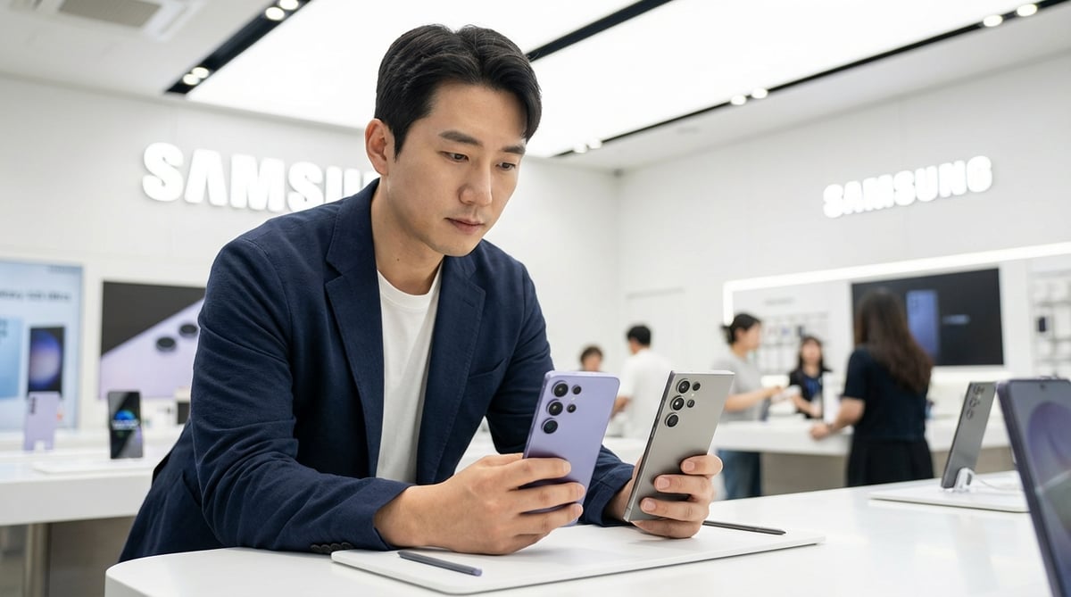 삼성 익스피리언스 스토어에서 갤럭시 S26 Ultra 코발트 바이올렛과 S25 Ultra를 비교하며 고민하는 30대 한국인 남성