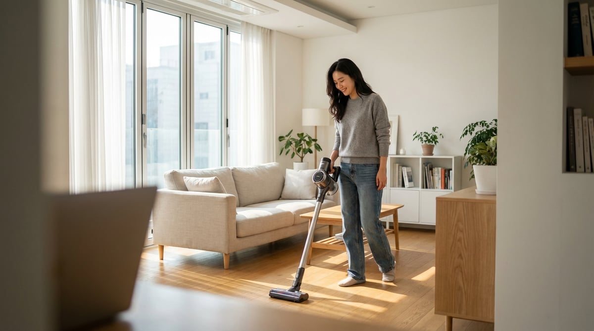 30대 한국 여성이 밝은 아파트 거실에서 무선 스틱 청소기로 원목 바닥을 청소하는 라이프스타일 사진