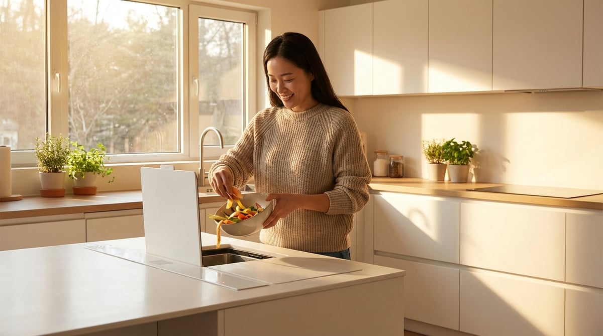 주방에서 채소 껍질을 음식물 처리기에 넣는 한국 여성