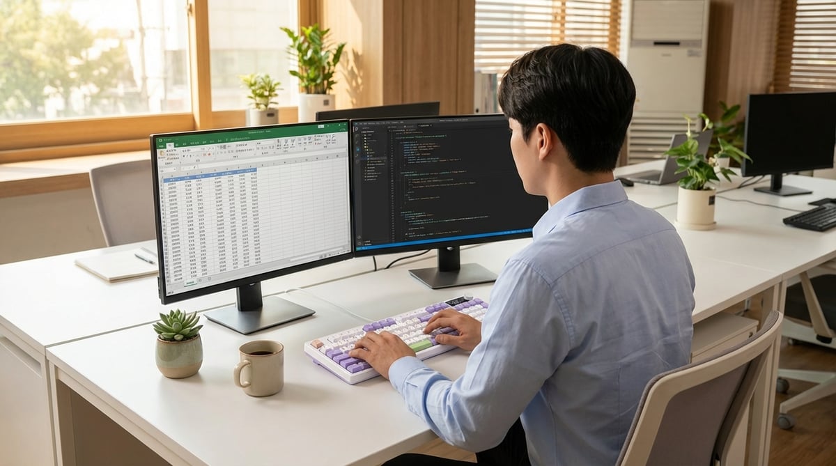 기계식 키보드로 사무실에서 작업 중인 모습