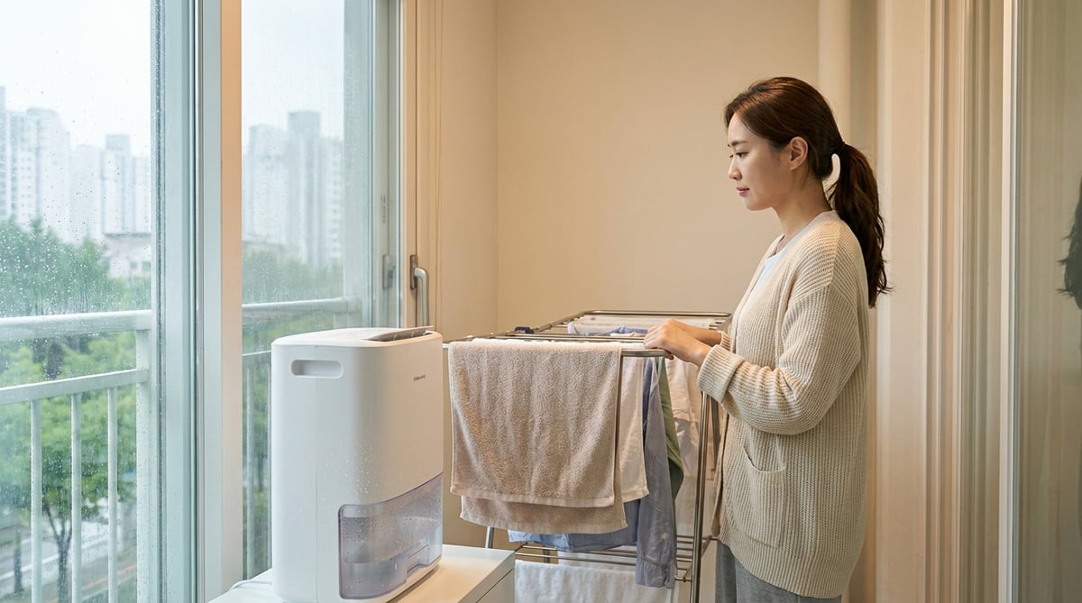 장마철 한국 아파트 거실에서 빨래건조대 옆에 제습기가 돌아가는 모습