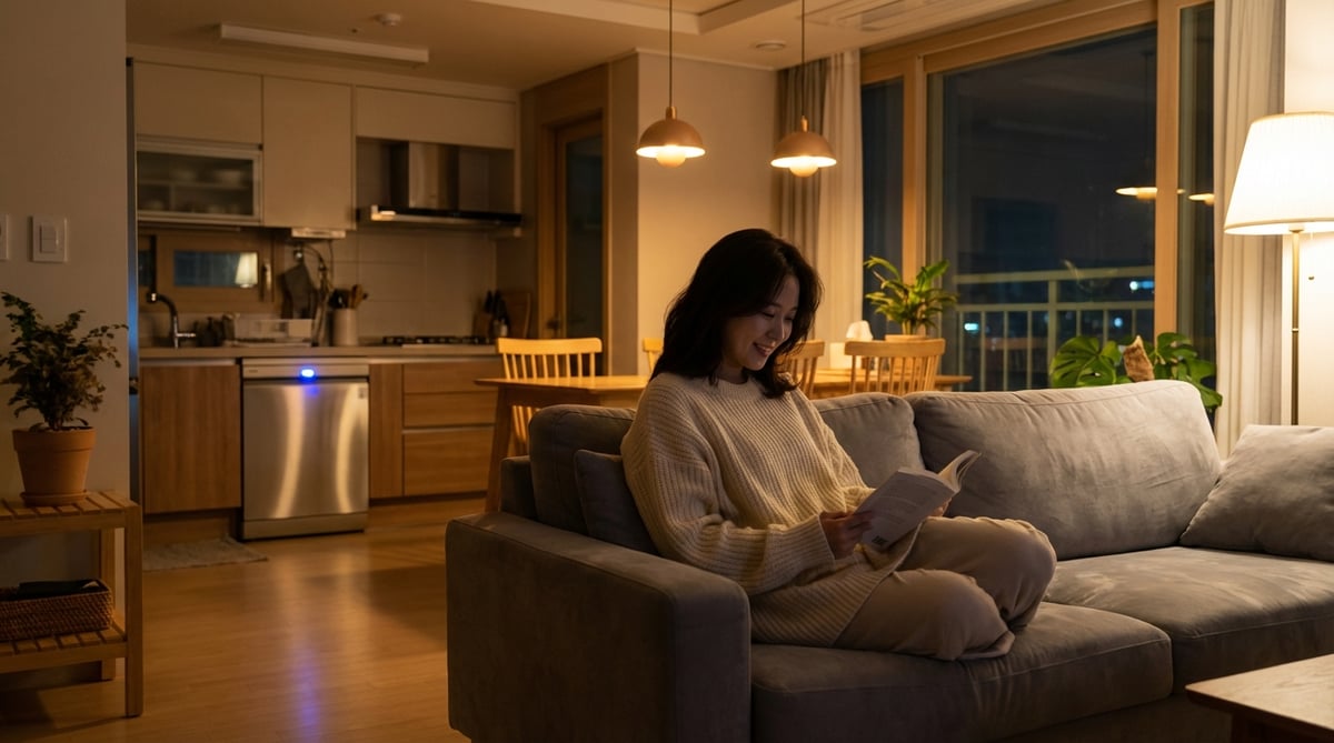 30대 한국 여성이 식기세척기가 돌아가는 동안 소파에서 책을 읽고 있는 라이프스타일 장면