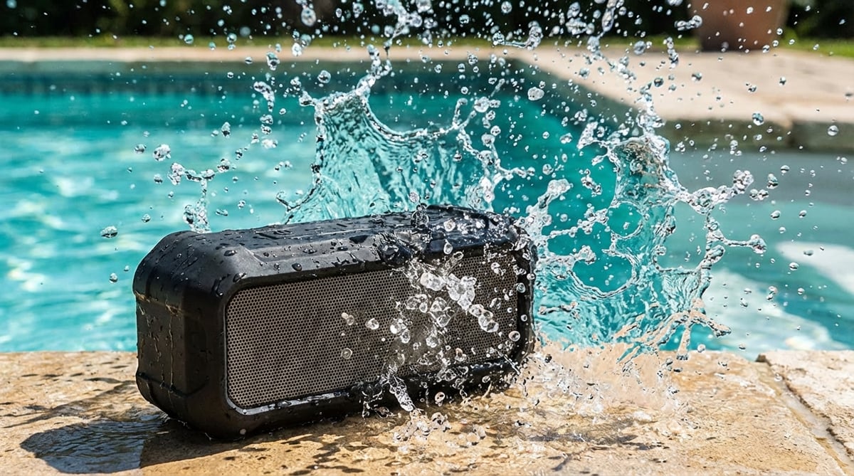 수영장 물가에서 물이 튀는 블루투스 스피커 클로즈업, 공중에 정지된 물방울과 터키색 수영장 배경